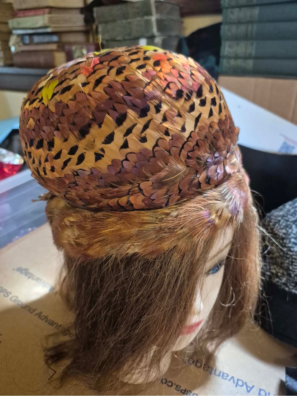 Vintage Brown Pheasant Feather Pillbox  Style Bucket Hat 1940s Mid-century